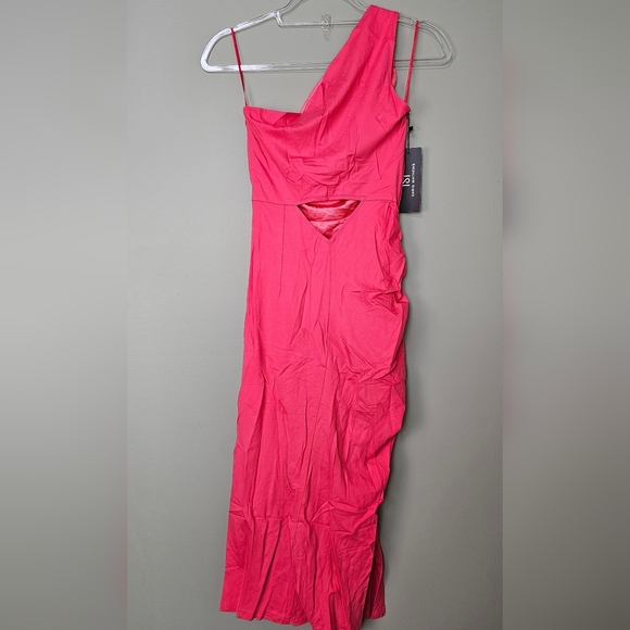 Womens One Shoulder Sleeveless Ruched Bodycon Midi Dress, Hot Pink Rose - Picture 10 of 14